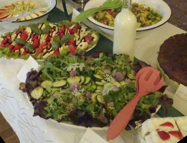 Salatbuffet mit Tomaten-Mozzarellateller, Kartoffelsalat und frischem, knackigem, grünen Salat dekoriert mit herrlicher Blumenpracht.